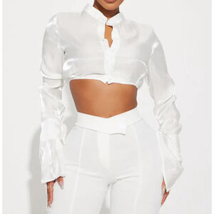 Fashion Nova Kaelie Satin Crop Top Off White Sz Small Long Bell Sleeve New